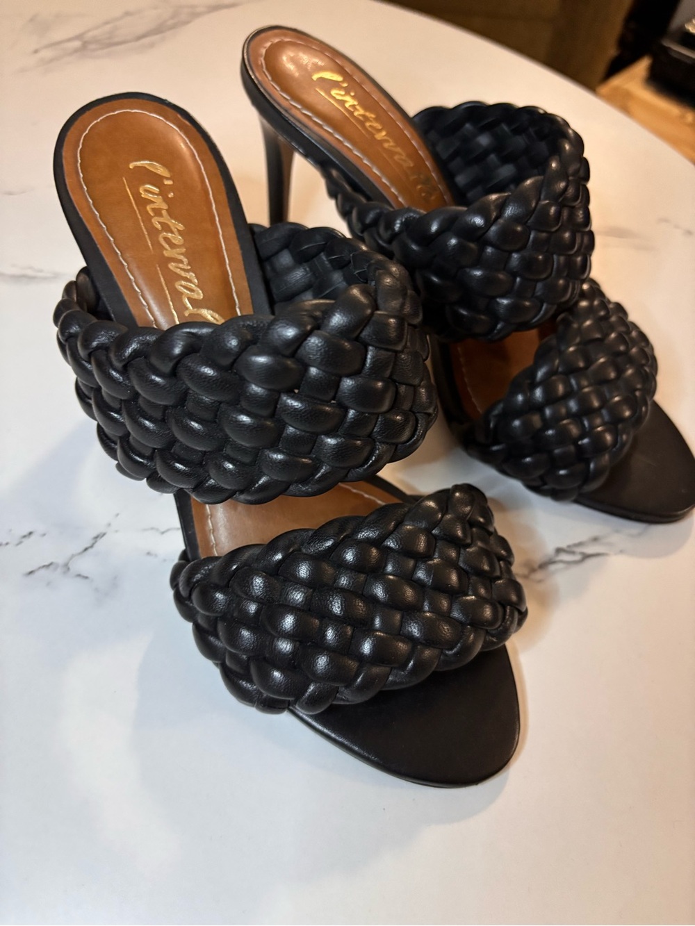Black Braided Double-Strap Stiletto Sandals